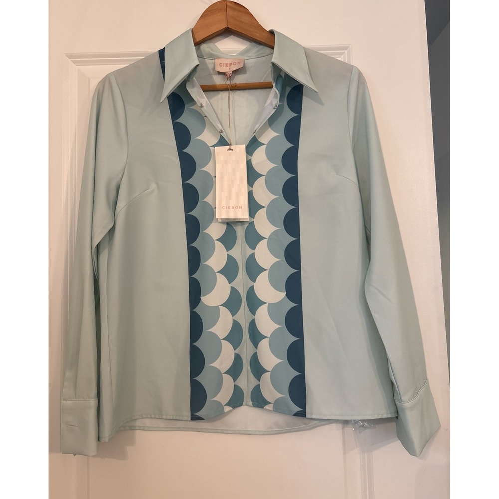 Ciebon Shirt, Light Turquoise Print, Long Sleeve, Size Small, NWT